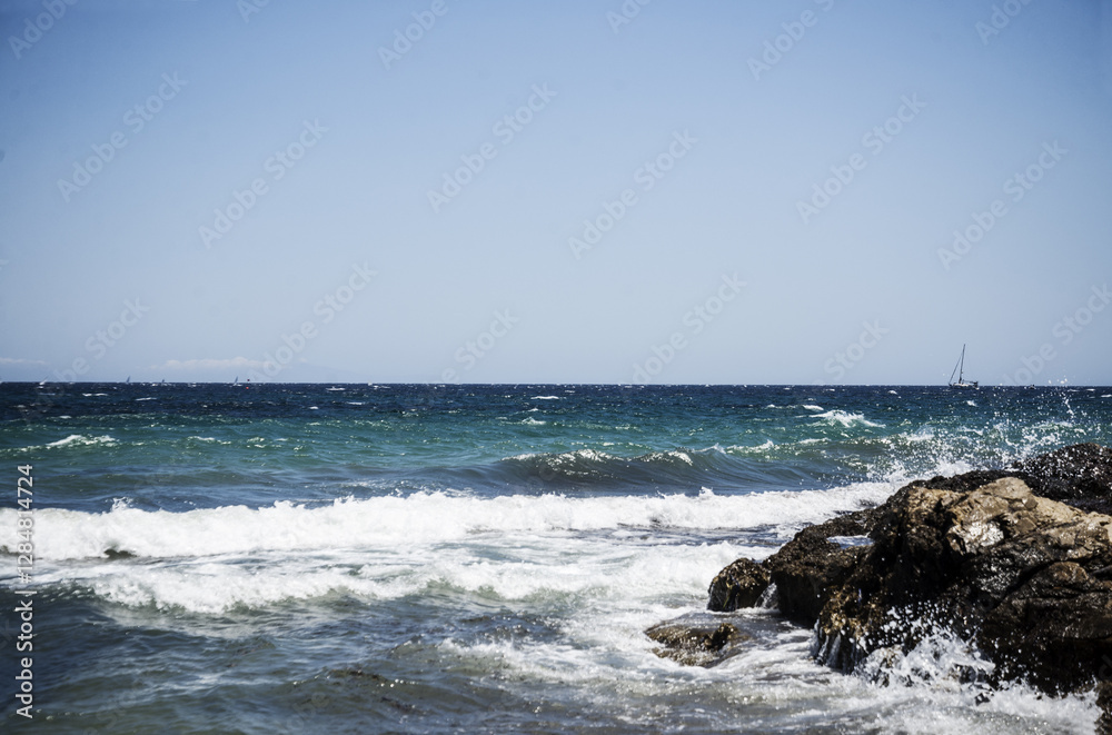 Mediterranean sea with waves in Greece - sea summer