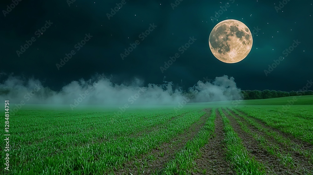 Fototapeta premium Serene night landscape featuring a full moon illuminating a misty green field under starlit sky
