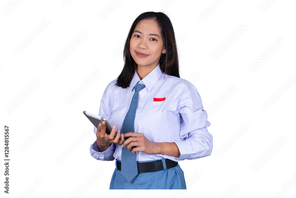 Indonesian Female High School Students in Uniform Smiling Holding Tablets Isolated Transparent Indonesian Female High School Students in Uniform Smiling Holding Tablets Isolated Transparent