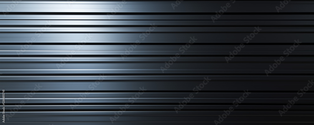 Obraz premium Smooth, dark metal texture with horizontal stripes that offer a strong contrast between light and shadow, perfect for bold, industrial-style graphic designs or background applications.