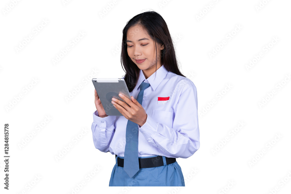 Indonesian Female High School Students in Uniform Smiling Holding Tablets Isolated Transparent Indonesian Female High School Students in Uniform Smiling Holding Tablets Isolated Transparent