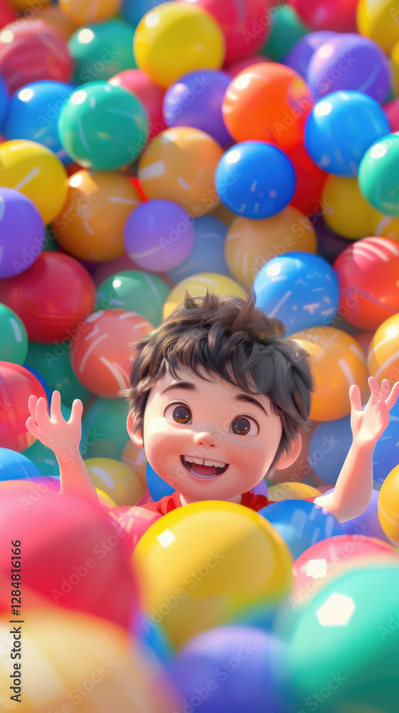 Obraz premium Cheerful boy plays joyfully in colorful ball pool during Children's Day celebration