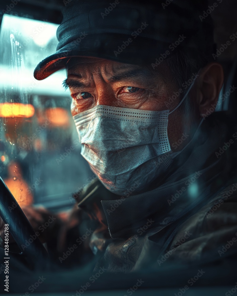 Fototapeta premium Bus driver in mask during pandemic captured in close-up shot