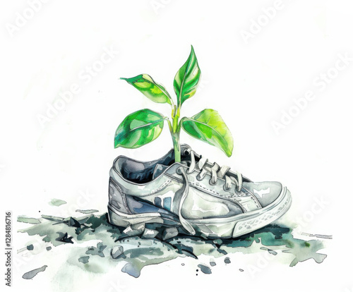 Single green sprout growing out of an old, worn sneaker, vibrant leaves. Focus on sustainability and renewal.