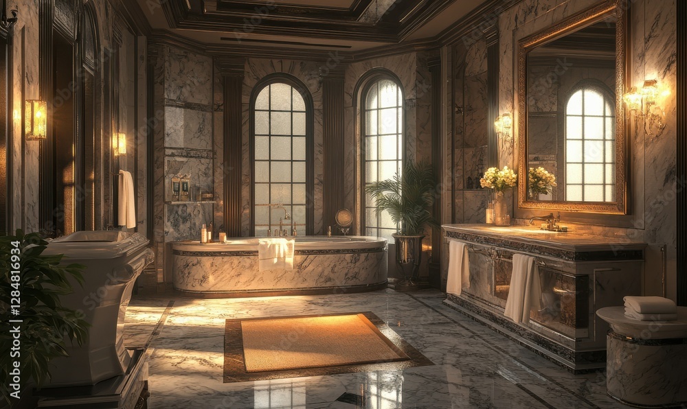 Fototapeta premium Elegant bathroom with marble finishes, a large mirror, and soft lighting, creating a sophisticated and luxurious feel