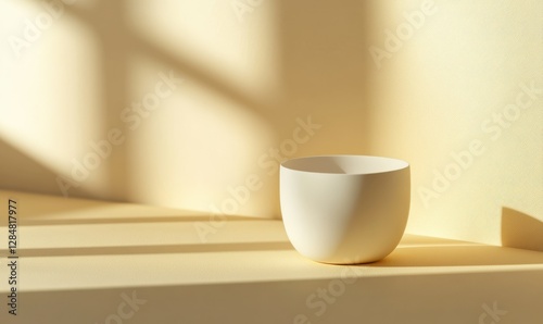 Wallpaper Mural Minimalist white ceramic cup placed on a smooth yellow surface, warm sunlight casting subtle shadows and creating a cozy visual Torontodigital.ca