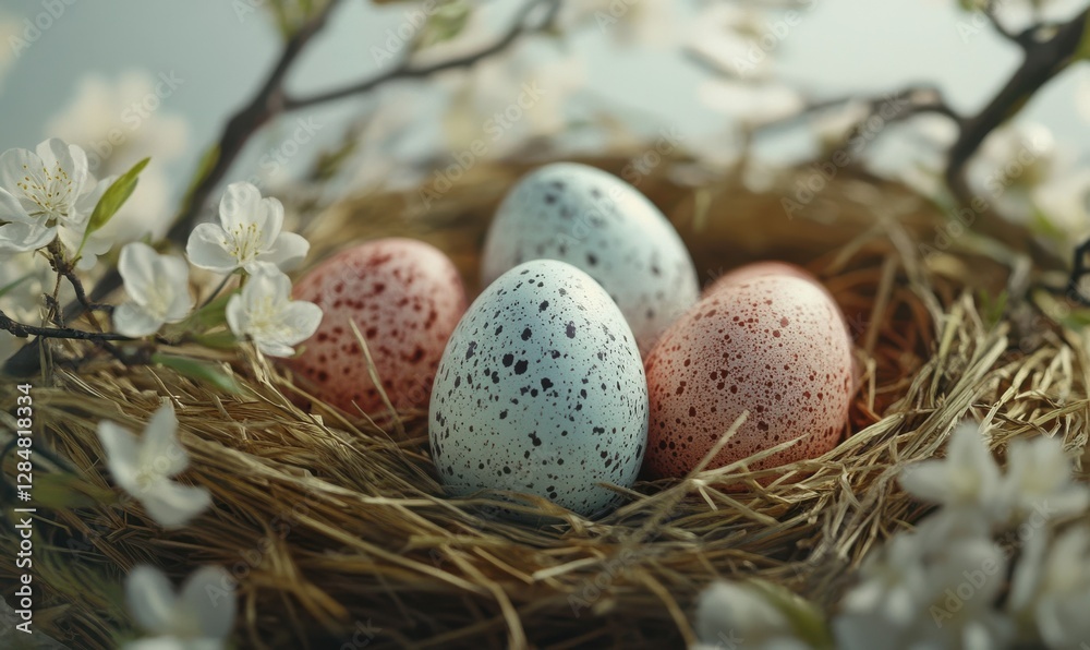 Rustic Easter composition with pastel-colored speckled eggs resting in a nest of straw, delicate blossoms scattered around, evoking spring freshness, Rustic Easter composition with pastel-colored speckled eggs resting in a nest of straw, delicate blossoms scattered around, evoking spring freshness,
