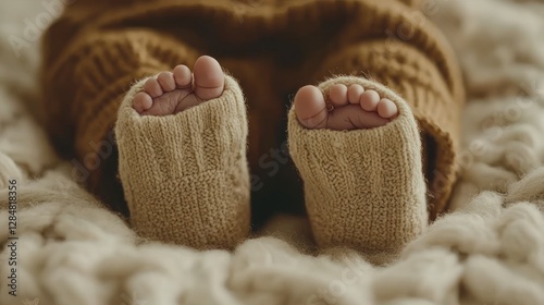 Baby feet in knitted socks, on a soft blanket, lying down.  Possible use Newborn photography photo