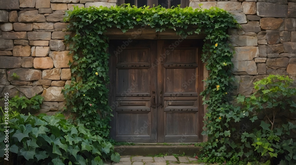 A rustic wooden double door surrounded by lush green ivy climbing up a stone wall, creating a charming and inviting entrance to an old building A rustic wooden double door surrounded by lush green ivy climbing up a stone wall, creating a charming and inviting entrance to an old building