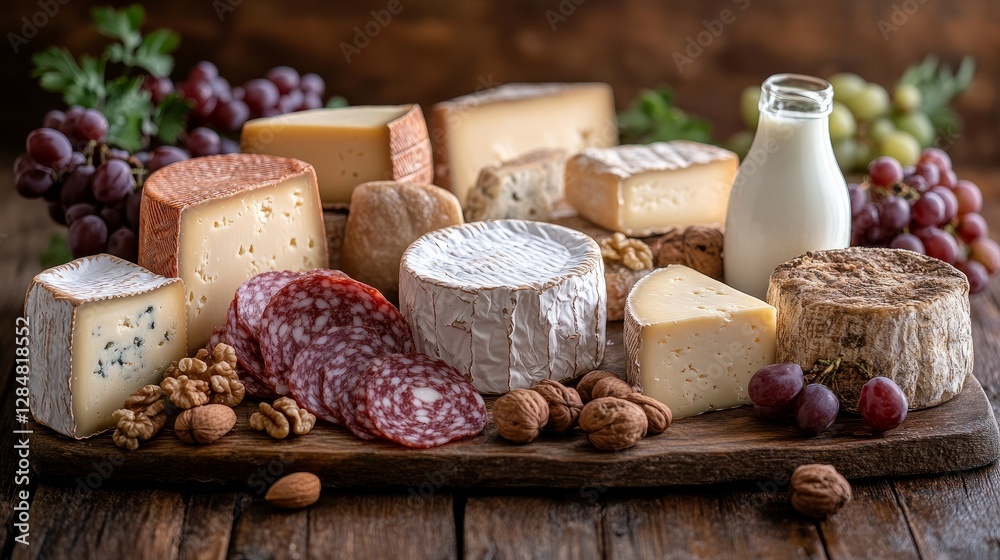 A range of cheeses, including blue, soft, and hard cheeses, are arranged on a wooden table. The rustic presentation is finished with almonds, grapes, and a bottle of milk. A range of cheeses, including blue, soft, and hard cheeses, are arranged on a wooden table. The rustic presentation is finished with almonds, grapes, and a bottle of milk.