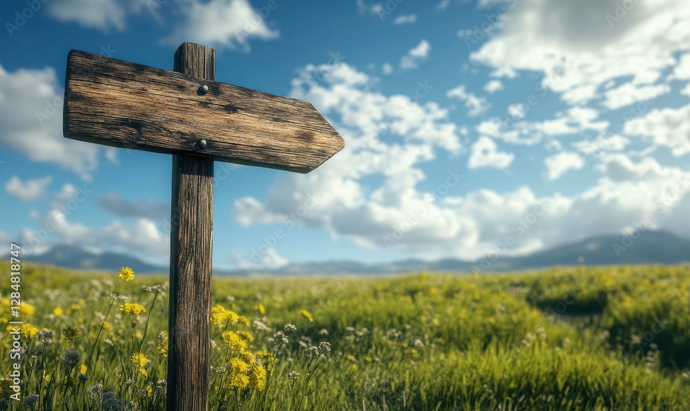 Rustic wooden signpost placed in a scenic countryside landscape, surrounded by green meadows and blue skies. Rustic wooden signpost placed in a scenic countryside landscape, surrounded by green meadows and blue skies.