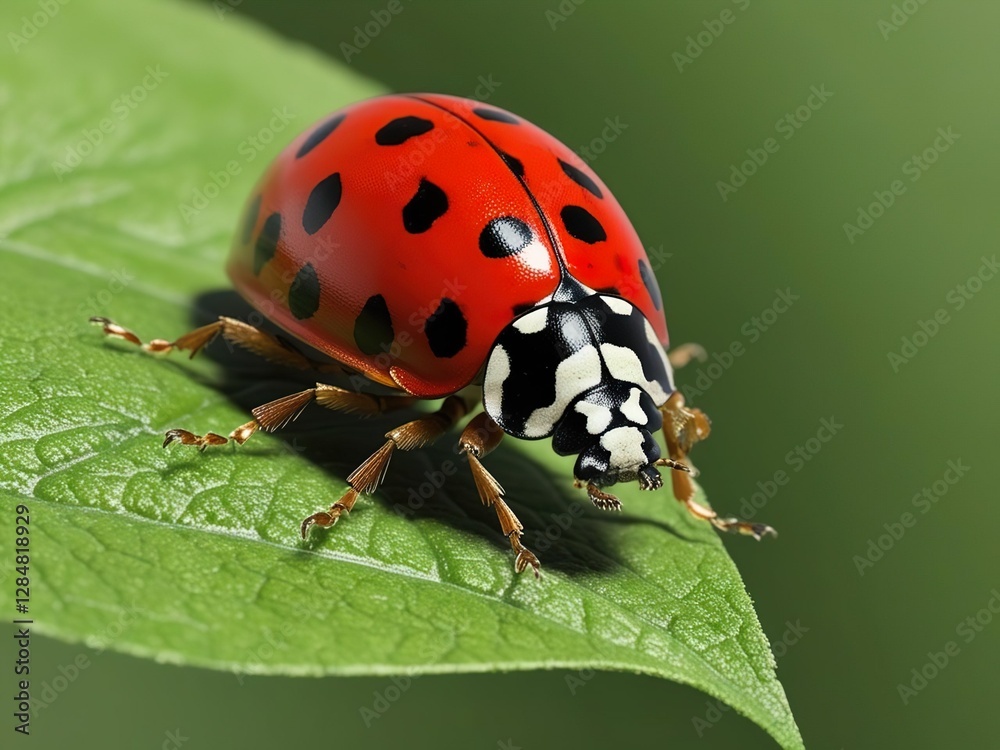 Fototapeta premium Ladybug beetle on green leaf, nature macro