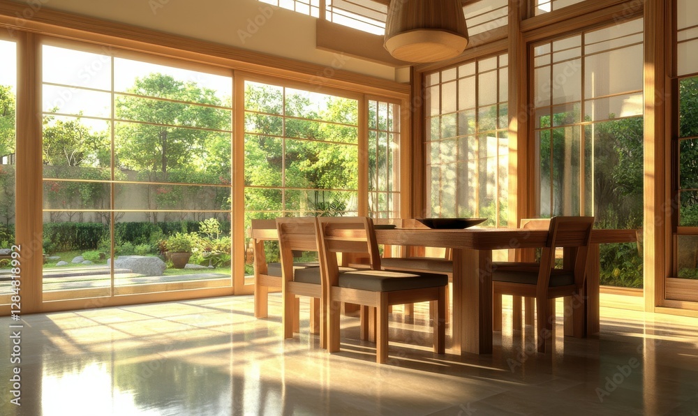 Obraz premium Modern dining room with large windows and wooden furniture, soft natural light flooding the space creating a cozy and elegant interior design