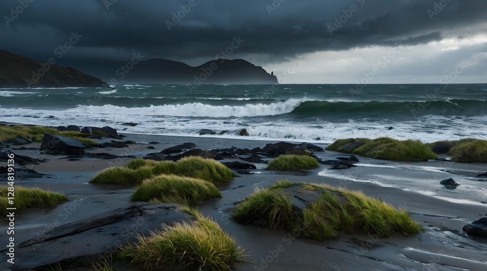 A dramatic coastal landscape with dark storm clouds, crashing waves, rugged rocks, and grassy dunes, capturing the raw power and beauty of nature in a moody, atmospheric scene A dramatic coastal landscape with dark storm clouds, crashing waves, rugged rocks, and grassy dunes, capturing the raw power and beauty of nature in a moody, atmospheric scene
