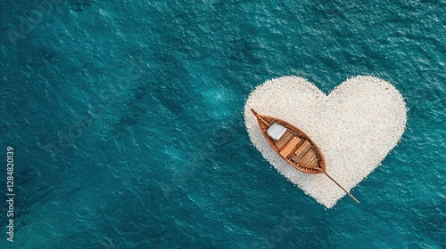   A boat floats atop a water expanse, beside a heart-shaped object centrally positioned in the oceanic expanse