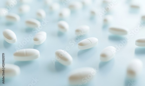 Pastel-colored pill capsules scattered on a clean light blue surface, highlighting a pharmaceutical and health-oriented theme