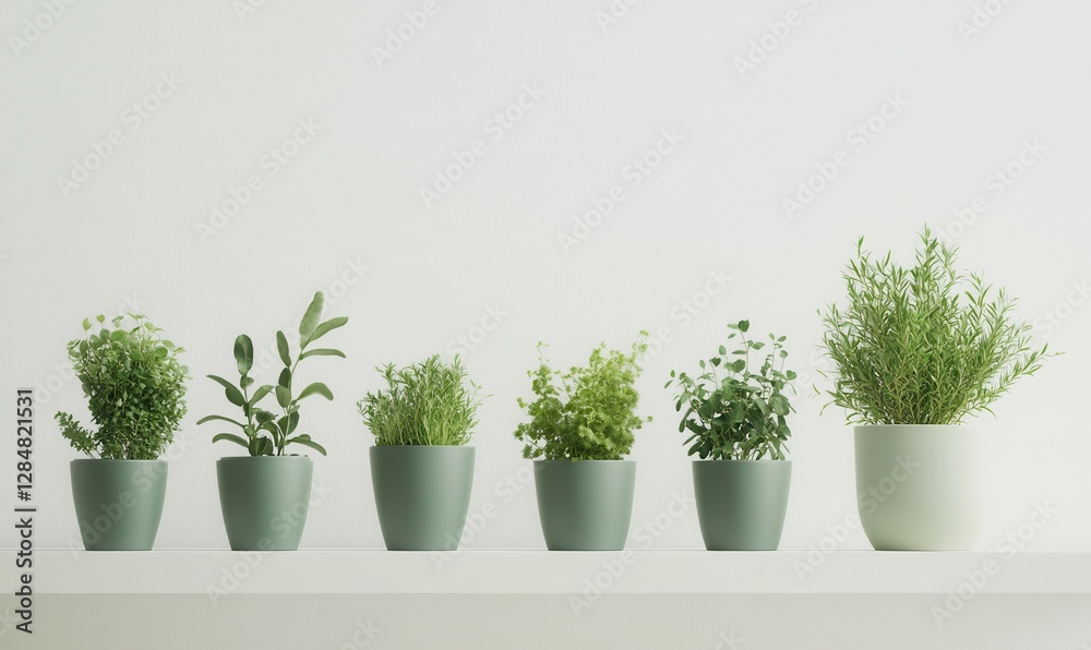 Green potted plants and herbs arranged neatly on a minimalist shelf, symbolizing modernity and natural freshness. Green potted plants and herbs arranged neatly on a minimalist shelf, symbolizing modernity and natural freshness.