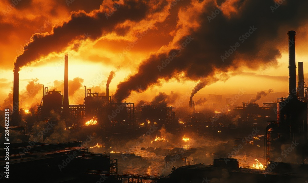 Fototapeta premium Industrial factory emitting smoke under orange sky, thick clouds of pollution rising, strong contrast between fire glow and dark structure