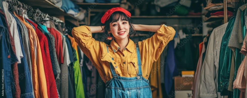 Fototapeta premium Young woman in denim overalls smiling in colorful closet