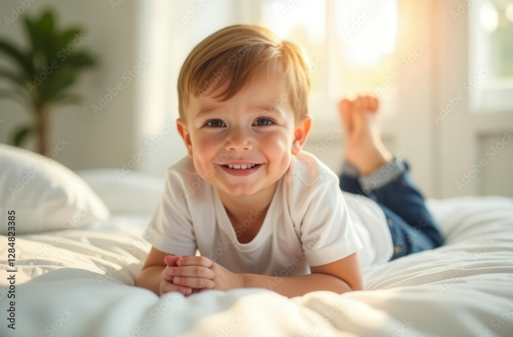 Young boy smiling joyfully while lying on a cozy bed with sunlight streaming through the window in a bright room Young boy smiling joyfully while lying on a cozy bed with sunlight streaming through the window in a bright room