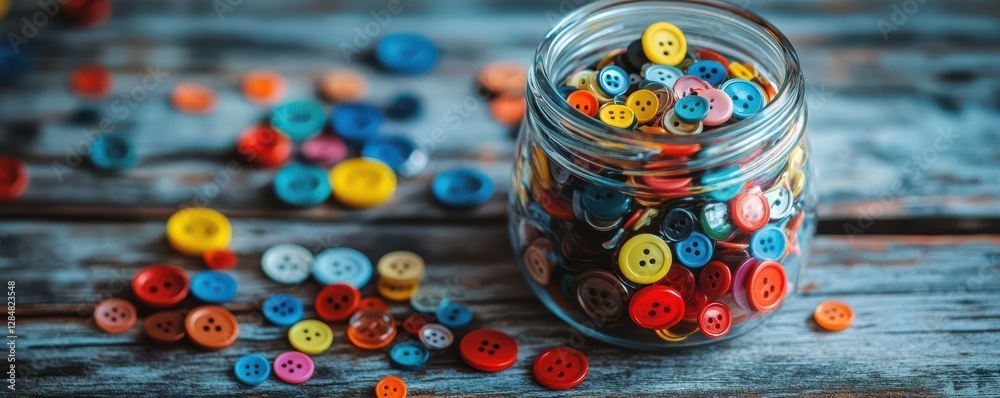 Fototapeta premium Colorful assortment of buttons in glass jar on wooden table