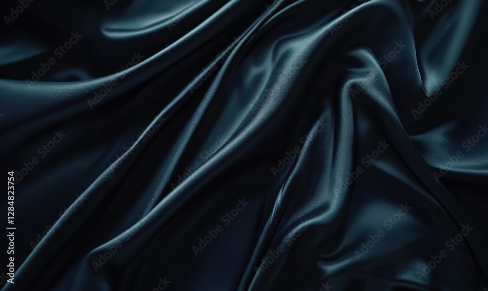 Obraz premium Luxurious black satin fabric with soft flowing folds, illuminated by subtle highlights for an elegant and tactile visual,