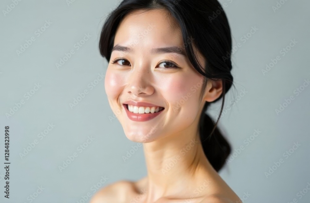 Smiling woman poses against a soft gray backdrop showcasing natural beauty and confidence in an indoor setting during daylight Smiling woman poses against a soft gray backdrop showcasing natural beauty and confidence in an indoor setting during daylight