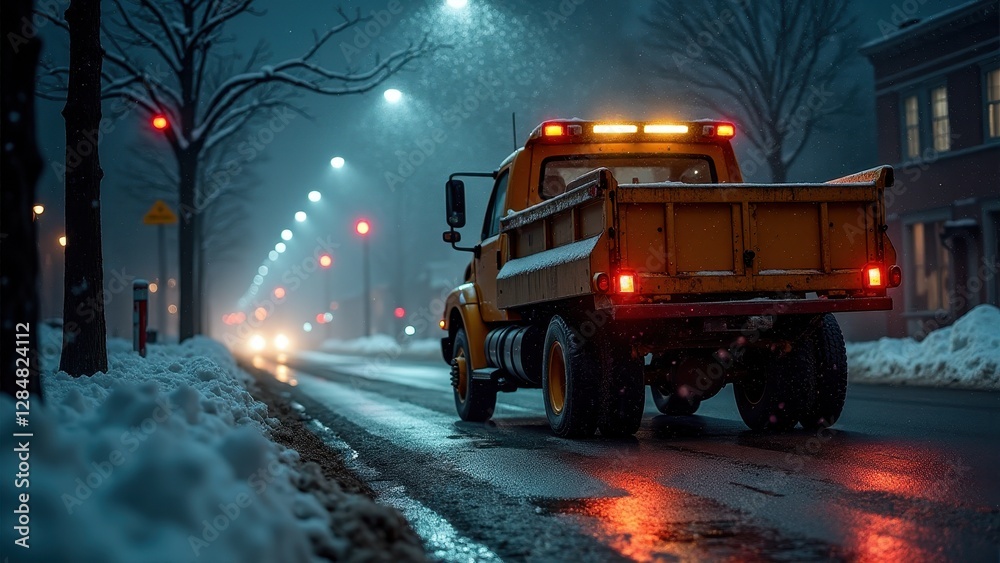 Obraz premium Snow plow on road, From the right side a snow plow moves along a dimly lit urban street during a snowstorm. Warm reflections in 8K UHD.