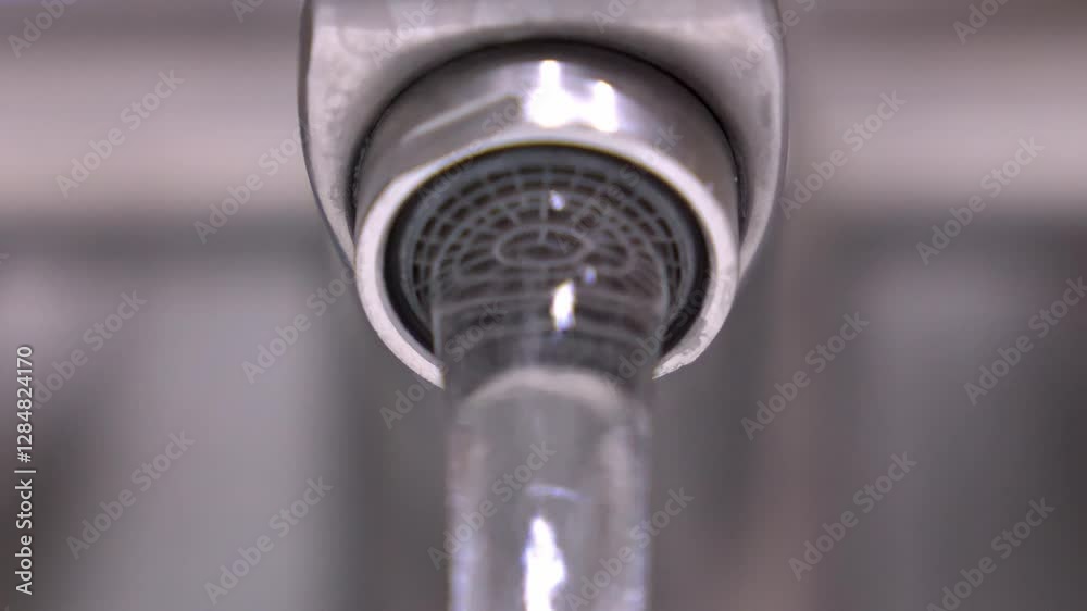 Water flows from sleek chrome-plated faucet, shifting focus from flowing fluid to intricate surface of aerator in successive, detailed shots that highlight modern design of plumbing fixtures