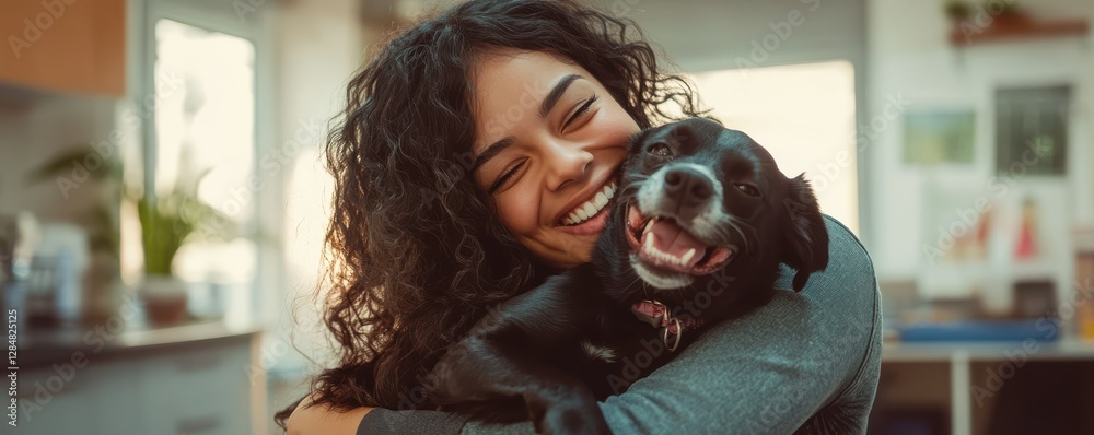 Fototapeta premium Joyful young woman hugging happy dog indoors in warm sunlit room
