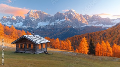 A wooden cabin at dawn on a lovely green meadow. Two mountain groups in the distance, surrounded by snowy mountains and orange woodlands