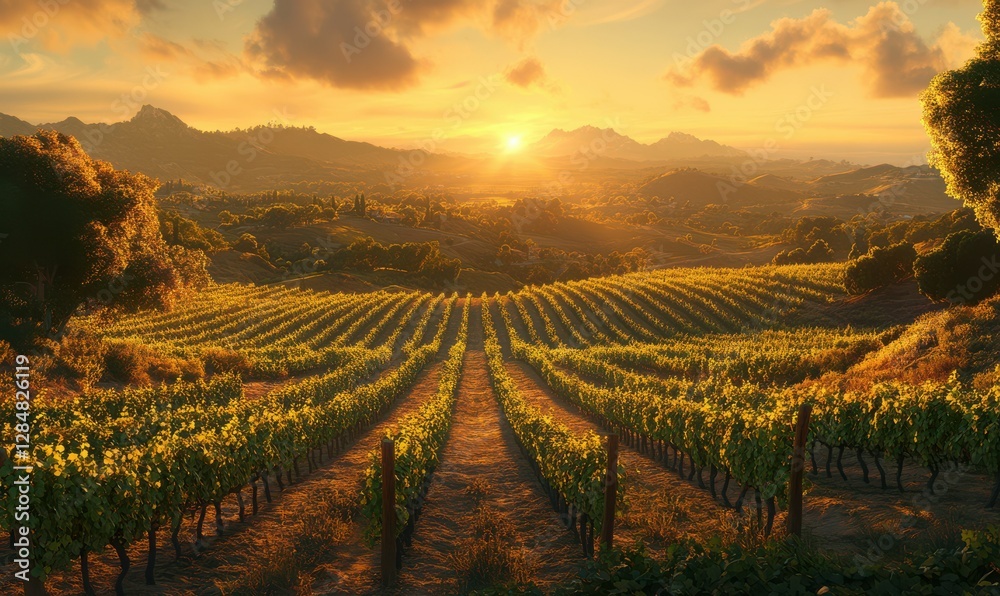 custom made wallpaper toronto digitalScenic vineyard stretching across rolling hills under a warm sunset, with rows of grapevines glowing in rich green and gold hues