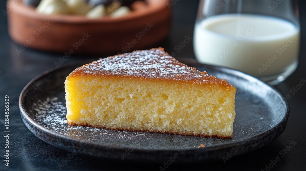 Sweet cake slice on dark plate, milk in background, delicious dessert Sweet cake slice on dark plate, milk in background, delicious dessert
