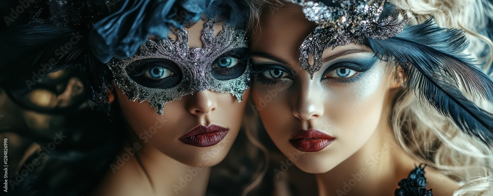 Obraz premium Mysterious women in ornate masks with dramatic makeup and feathered headdresses