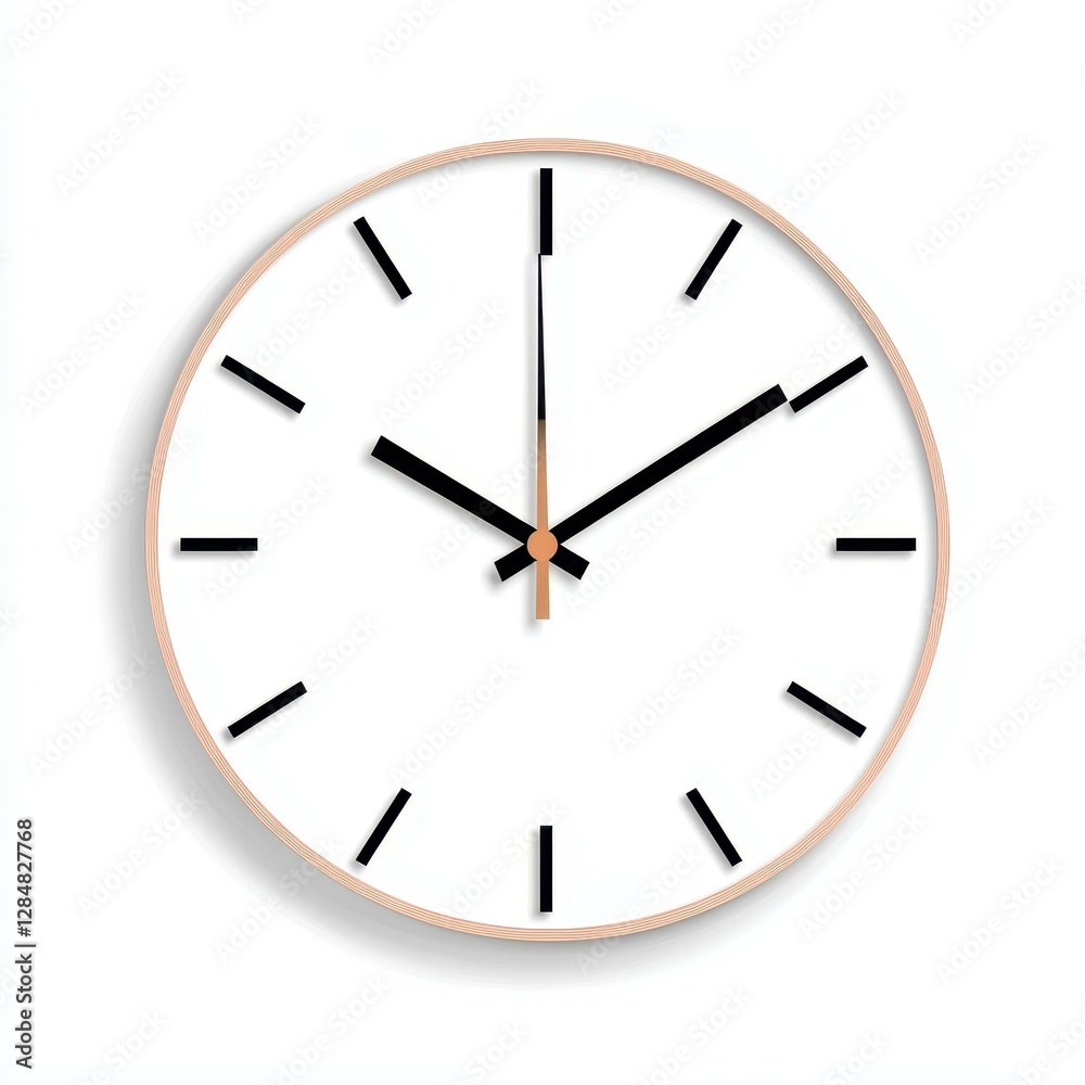 A sleek analog clock stands alone against a white backdrop, showcasing its timeless design and purpose with elegance. A sleek analog clock stands alone against a white backdrop, showcasing its timeless design and purpose with elegance.