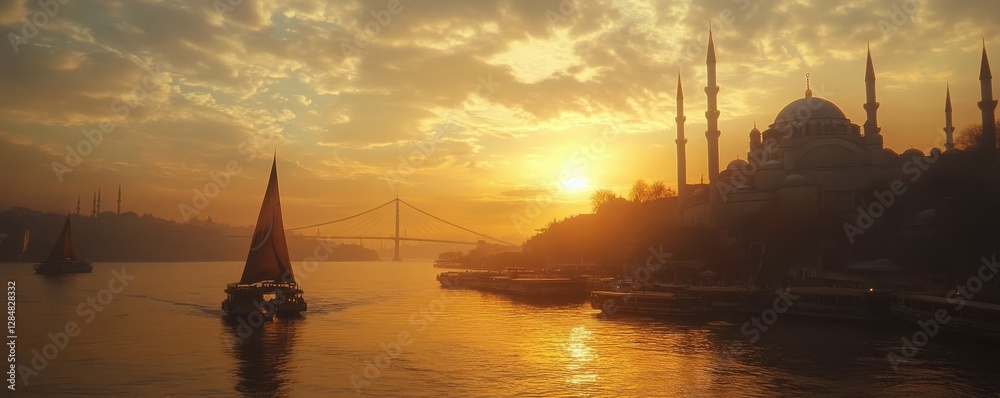 Obraz premium Sunset over istanbul skyline with sailboats and suleymaniye mosque silhouette on bosphorus