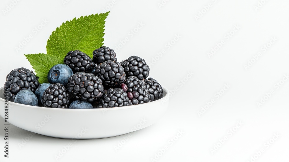 Fresh blackberries and blueberries in a white bowl Fresh blackberries and blueberries in a white bowl