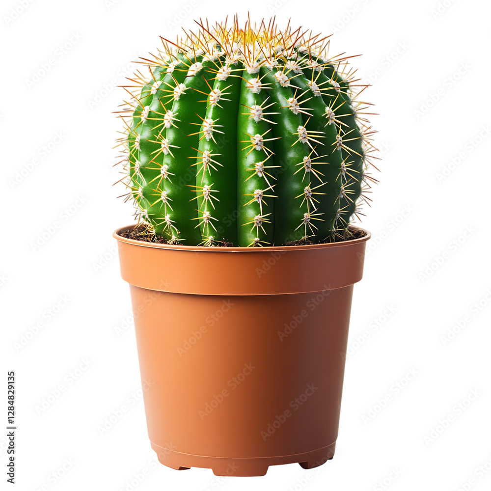 A Tall Potted Cactus with Long Spines and a Round Shape Isolated on Transparent Background
