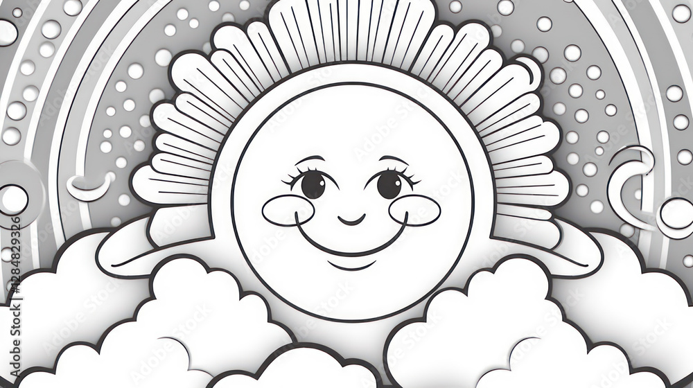 Fototapeta premium Rainbow and sun coloring page for kids featuring clouds Printable on A4 size paper