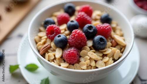 Wallpaper Mural Delicious bowl of oatmeal topped with fresh berries and nuts, served on a table with a rustic feel during morning hours Torontodigital.ca