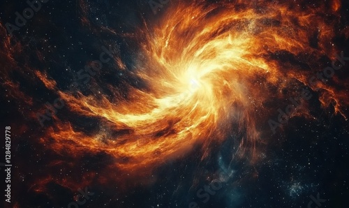 Stunning cosmic explosion with fiery waves of light radiating outward, vivid orange and red tones blending with dark blues, creating a powerful galactic image,