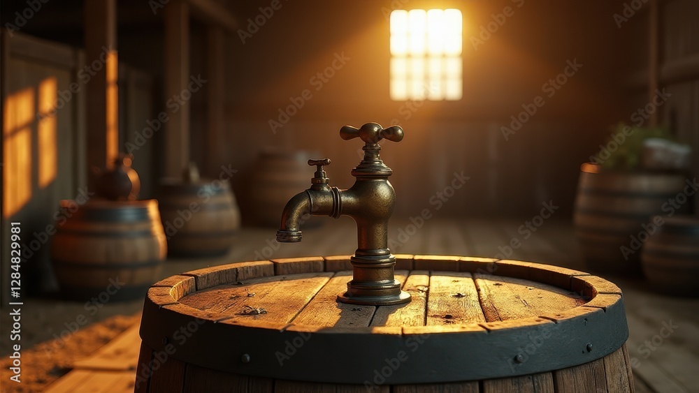 Fototapeta premium Spigot on barrel, Close-up of an antique brass spigot on a weathered oak barrel under golden hour sunlight in a rustic barn