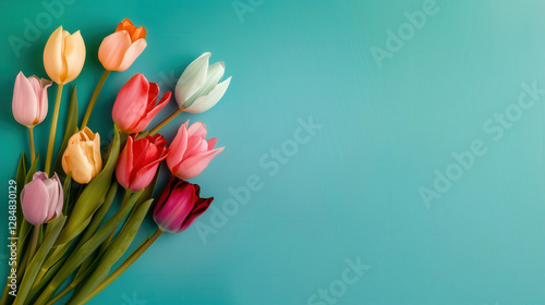 Spring Florals Colorful Tulips on Teal Background. Blank text area for seasonal greeting cards, floral posters, or decorative spring projects.