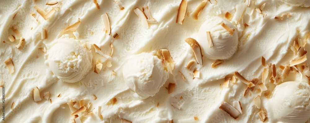 Creamy vanilla ice cream with toasted coconut flakes topping Creamy vanilla ice cream with toasted coconut flakes topping