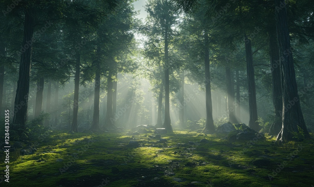 Obraz premium Sunlight breaking through tall forest trees, illuminating the mossy ground and creating a mystical woodland atmosphere