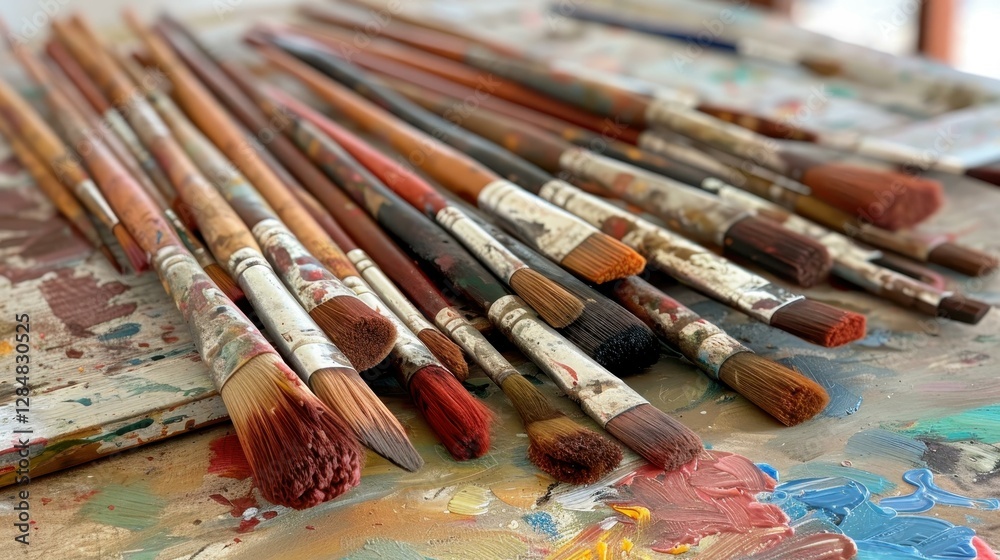 Obraz premium Explore a vibrant abstract art studio where creativity flows through brushes, colorful palettes, and messy beauty.