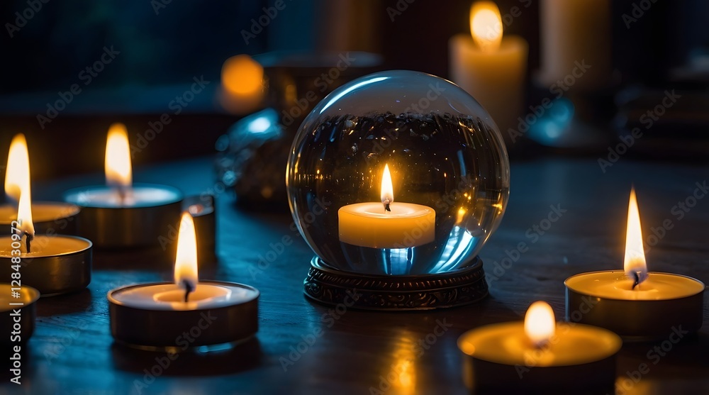 A serene scene with candles and a crystal ball, creating a tranquil and mystical ambiance perfect for meditation A serene scene with candles and a crystal ball, creating a tranquil and mystical ambiance perfect for meditation