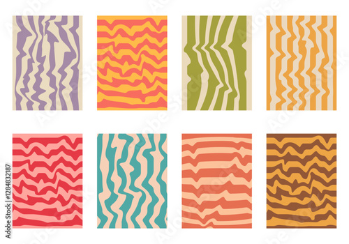 Retro wavy abstract background collection. Striped rectangle templates for posters, flyers, banners and digital design. Distorted uneven stripes with fluid, liquid wavy lines.