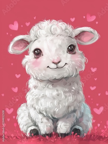 Cute little sheep illustration in pink and white tones for romantic gifts