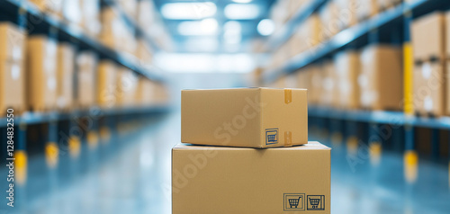 Wallpaper Mural E-commerce growth and online business. Stacks of cardboard boxes in a warehouse aisle. Torontodigital.ca